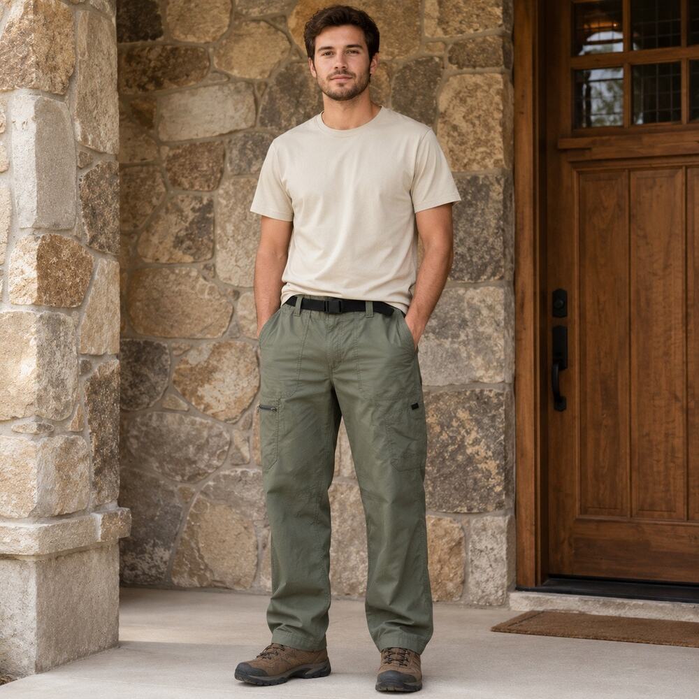 Eddie Bauer Cargo Pants Men’s 33x30 Olive Green Nylon Hiking Belt Lightweight